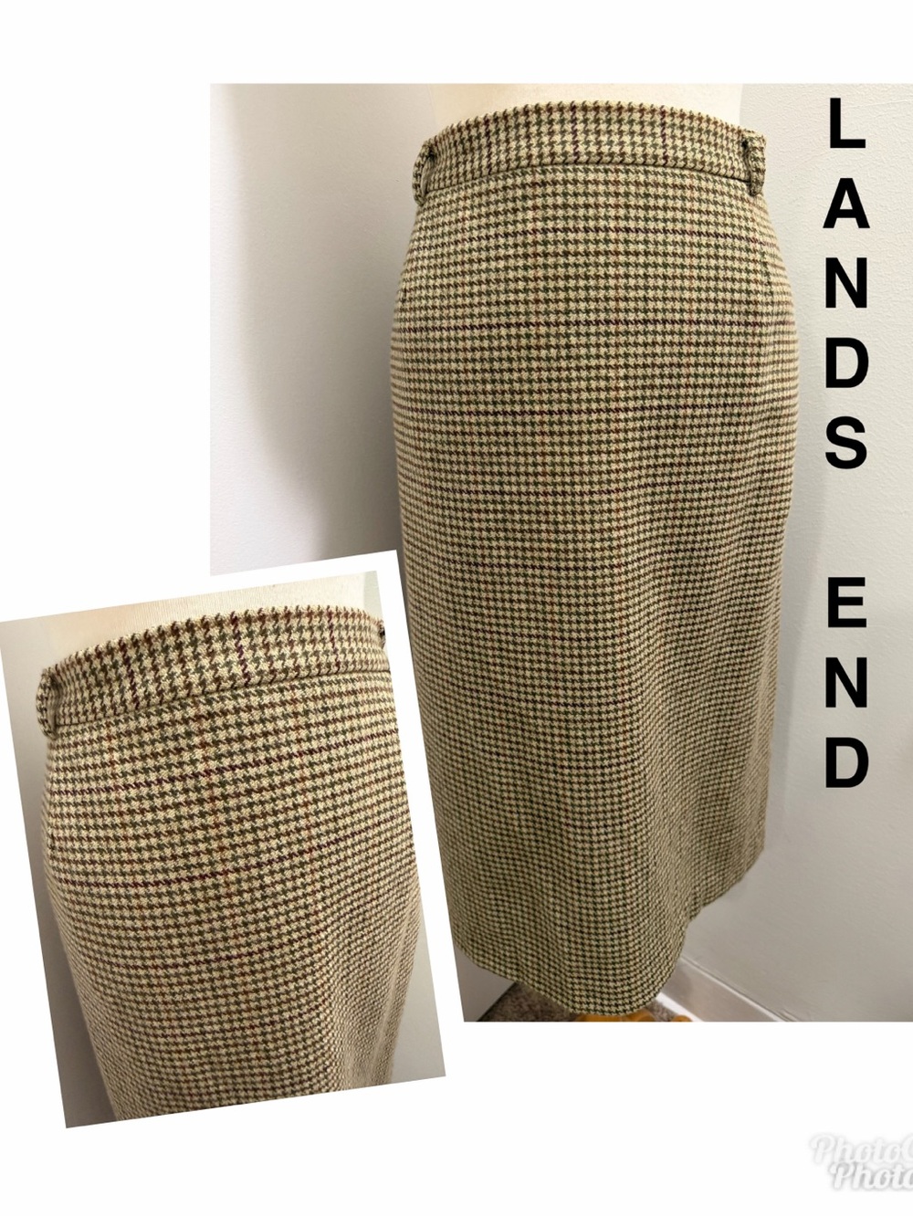 LANDS END Beige and Brown Houndstooth 100% Wool Skirt - Size 14/16 - EUC
